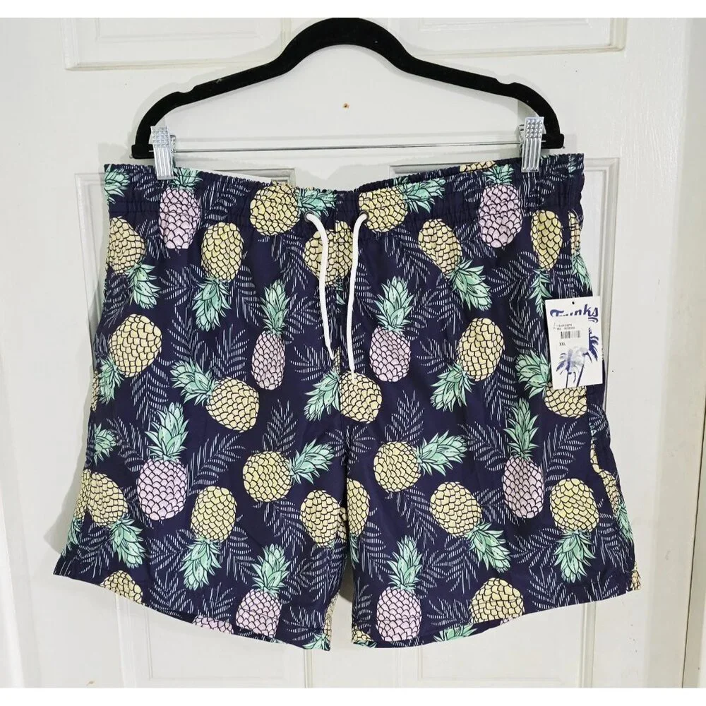 Trunks Mens Navy Blue Pineapple Print Swim Shorts‎ Drawstring Waist size 2XL NWT